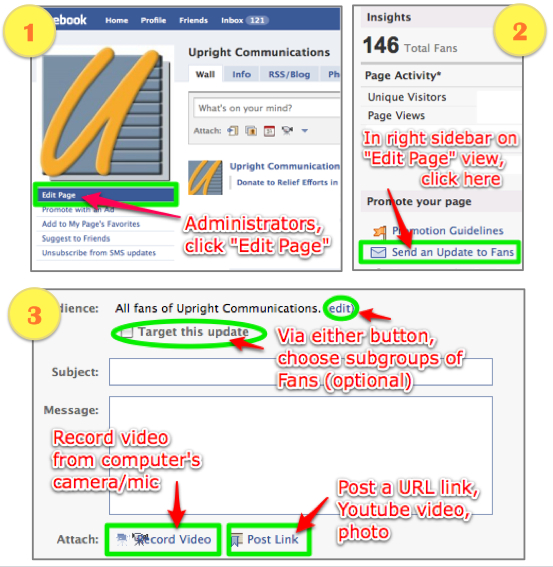 Facebook HowTo Send a Note to Fan Inboxes Get Upright