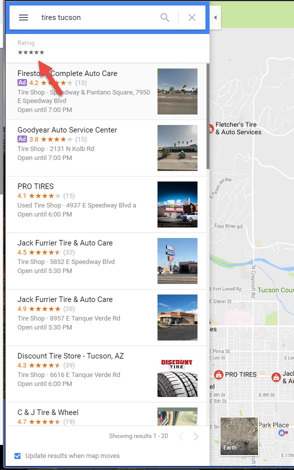 screenshot of google maps sorting feature