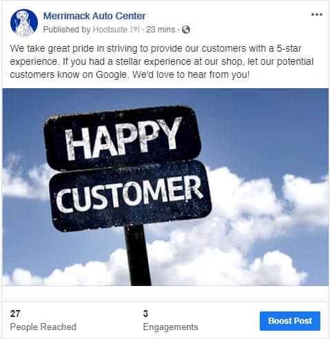 Merrimack Auto Facebook post looking for customer feedback